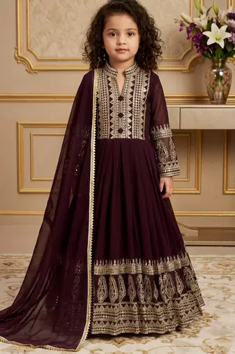 wine heavy fox georgette gown set with embroidery sequence work with fancy button with latkan dori - designer party wear