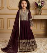 wine heavy fox georgette gown set with embroidery sequence work with fancy button with latkan dori - designer party wear