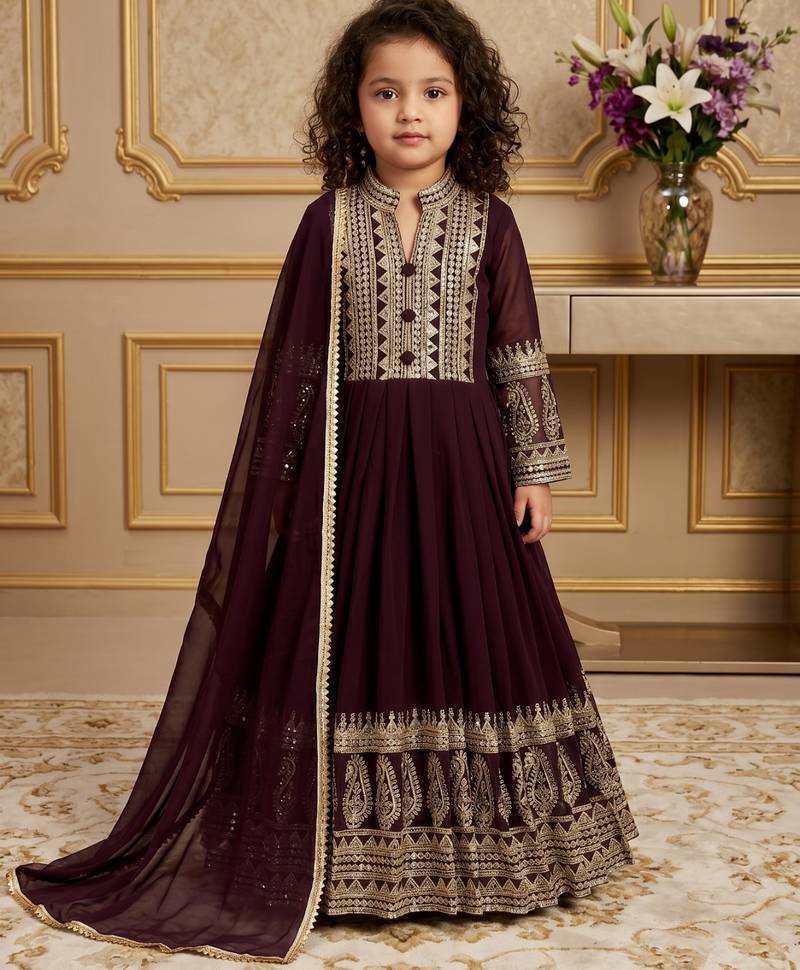 wine heavy fox georgette gown set with embroidery sequence work with fancy button with latkan dori - designer party wear