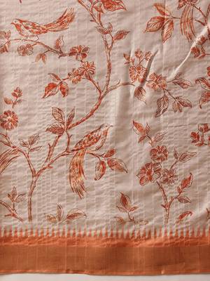 Cream printed art silk ethnic saree with blouse piece 5