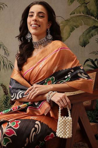 Black digital printed jute festive saree with blouse piece