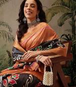Black digital printed jute festive saree with blouse piece