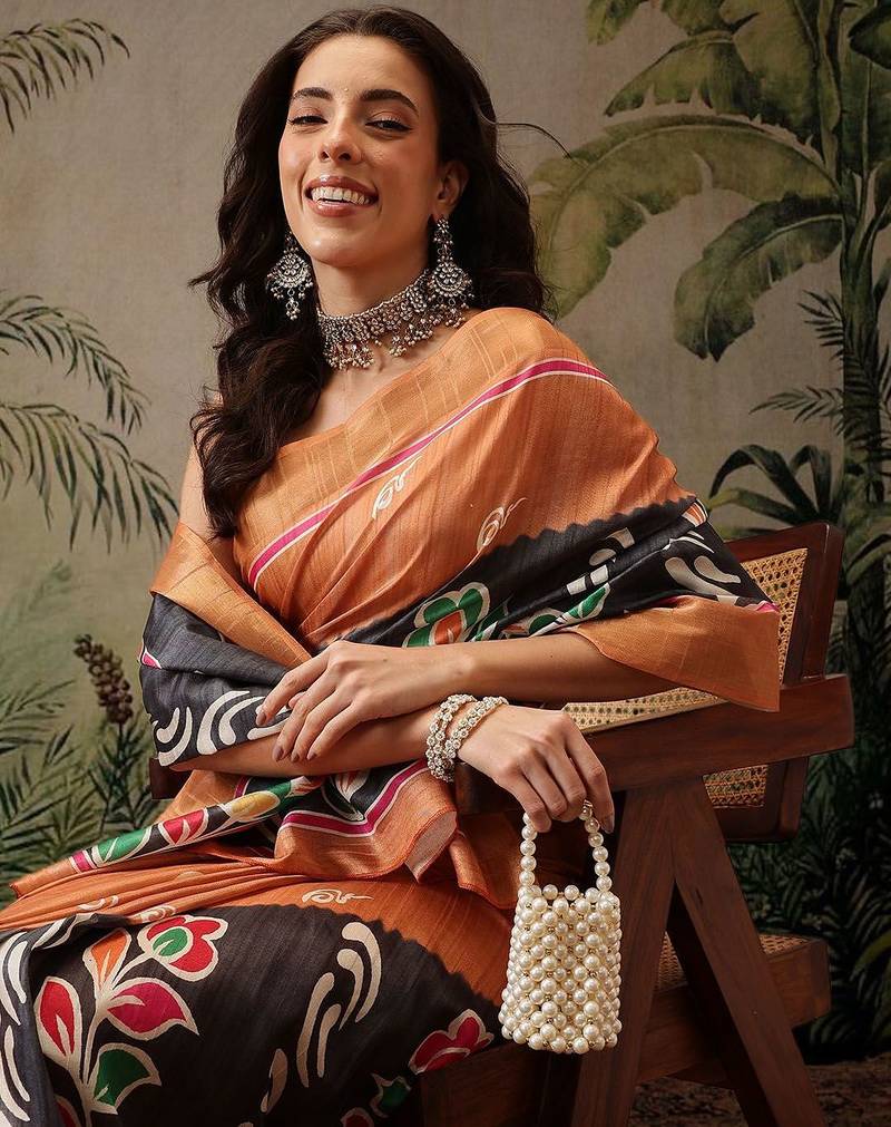 Black digital printed jute festive saree with blouse piece