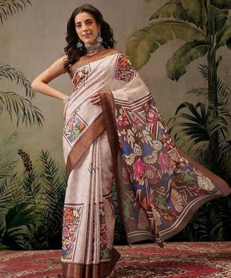 Multicolor digital printed jute festive saree with blouse piece 2