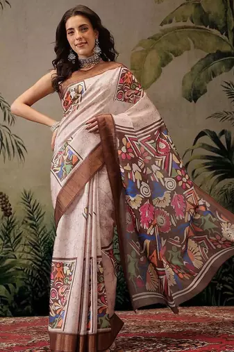 Multicolor digital printed jute festive saree with blouse piece