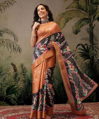 Black digital printed jute festive saree with blouse piece 2