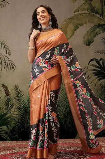 Black digital printed jute festive saree with blouse piece