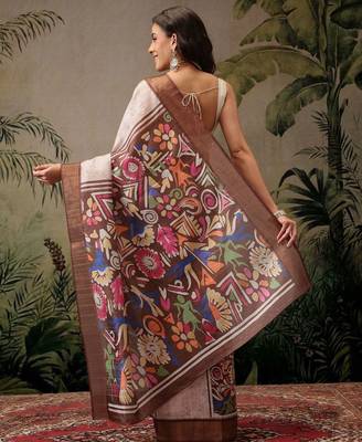 Multicolor digital printed jute festive saree with blouse piece 3