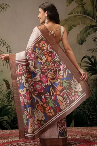 Multicolor digital printed jute festive saree with blouse piece