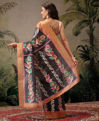 Black digital printed jute festive saree with blouse piece 3