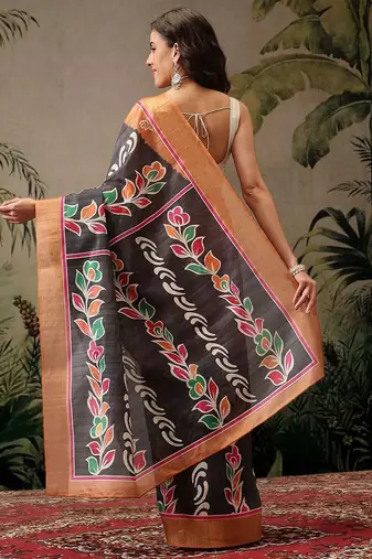 Black digital printed jute festive saree with blouse piece