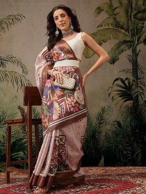Multicolor digital printed jute festive saree with blouse piece 4