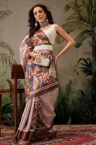 Multicolor digital printed jute festive saree with blouse piece