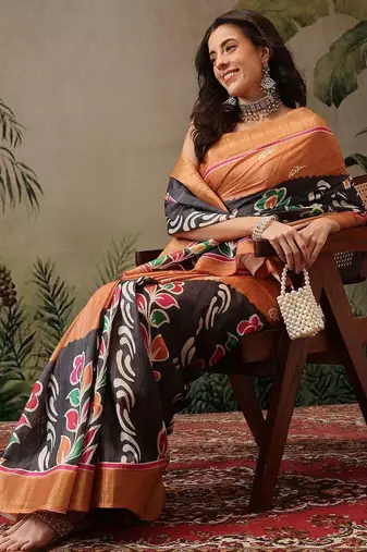 Black digital printed jute festive saree with blouse piece