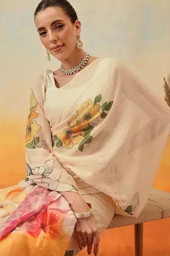 Cream floral printed chiffon party wear saree with blouse piece