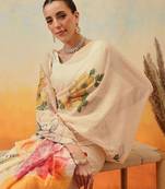 Cream floral printed chiffon party wear saree with blouse piece