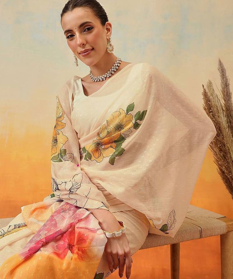 Cream floral printed chiffon party wear saree with blouse piece