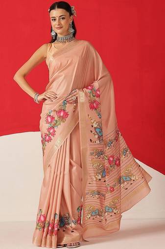 Peach printed art silk ethnic saree with blouse piece