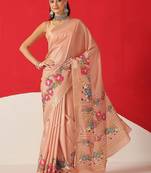 Peach printed art silk ethnic saree with blouse piece