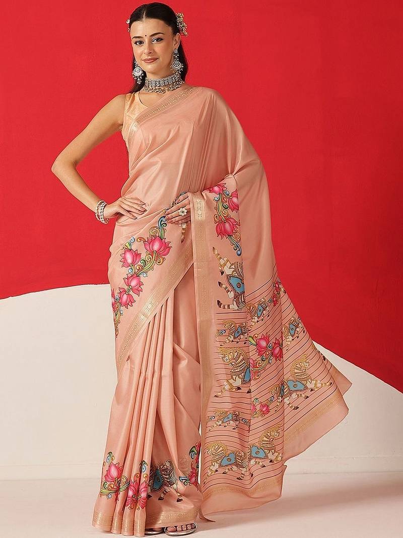 Peach printed art silk ethnic saree with blouse piece