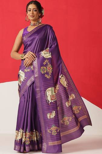 Purple printed art silk ethnic saree with blouse piece