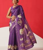Purple printed art silk ethnic saree with blouse piece