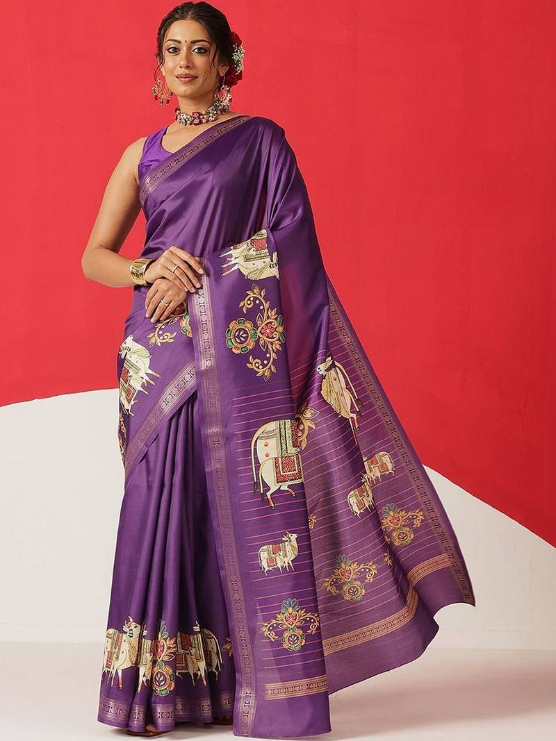 Purple printed art silk ethnic saree with blouse piece