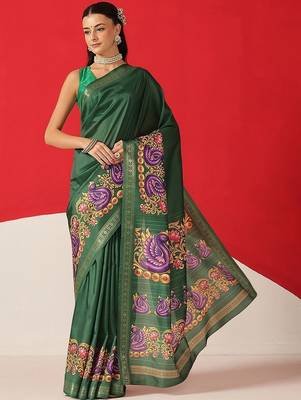 Green printed art silk ethnic saree with blouse piece 1