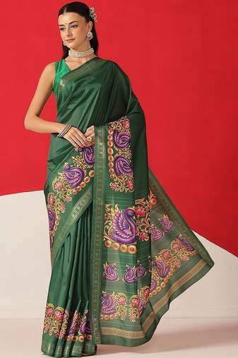 Green printed art silk ethnic saree with blouse piece