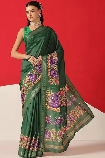 Green printed art silk ethnic saree with blouse piece