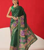 Green printed art silk ethnic saree with blouse piece
