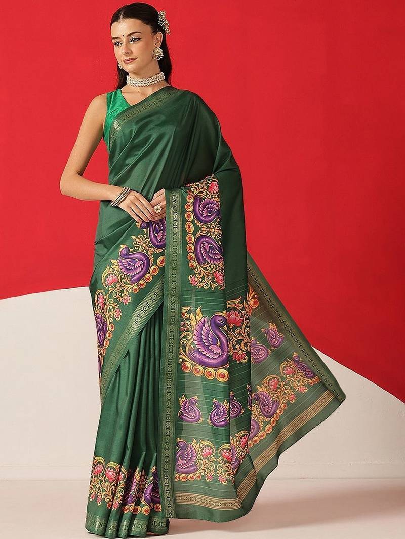 Green printed art silk ethnic saree with blouse piece