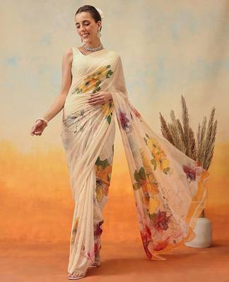 Cream floral printed chiffon party wear saree with blouse piece 2