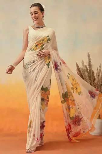 Cream floral printed chiffon party wear saree with blouse piece