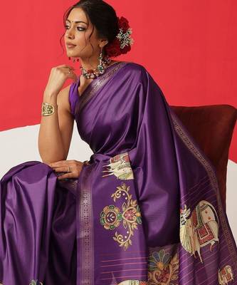 Purple printed art silk ethnic saree with blouse piece 2