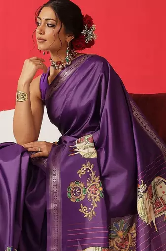 Purple printed art silk ethnic saree with blouse piece