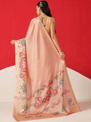 Peach printed art silk ethnic saree with blouse piece 2