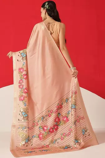Peach printed art silk ethnic saree with blouse piece