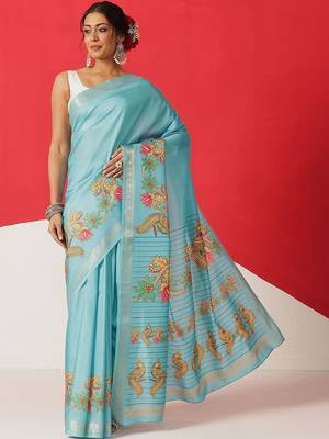 Blue printed art silk ethnic saree with blouse piece 1
