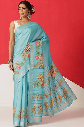Blue printed art silk ethnic saree with blouse piece