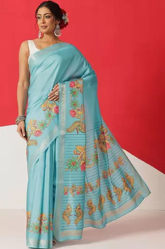 Blue printed art silk ethnic saree with blouse piece