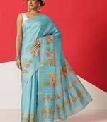 Blue printed art silk ethnic saree with blouse piece