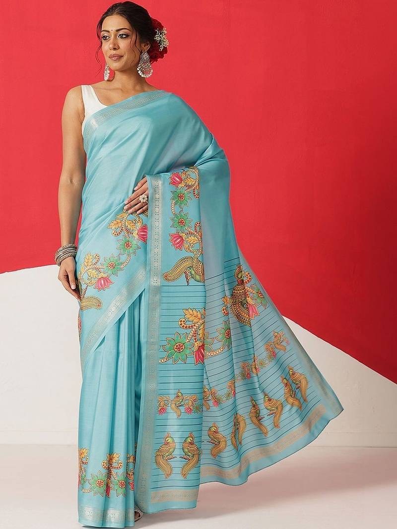 Blue printed art silk ethnic saree with blouse piece