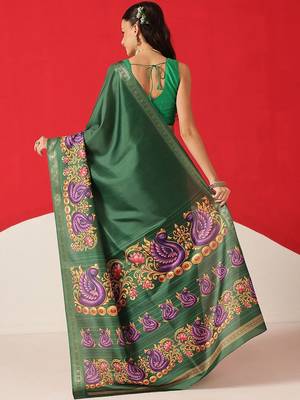 Green printed art silk ethnic saree with blouse piece 2