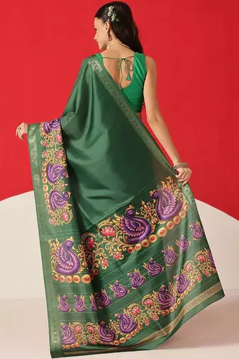 Green printed art silk ethnic saree with blouse piece