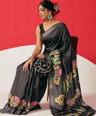 Black printed art silk ethnic saree with blouse piece 1