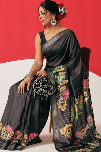 Black printed art silk ethnic saree with blouse piece