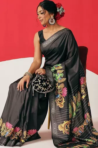 Black printed art silk ethnic saree with blouse piece