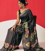 Black printed art silk ethnic saree with blouse piece