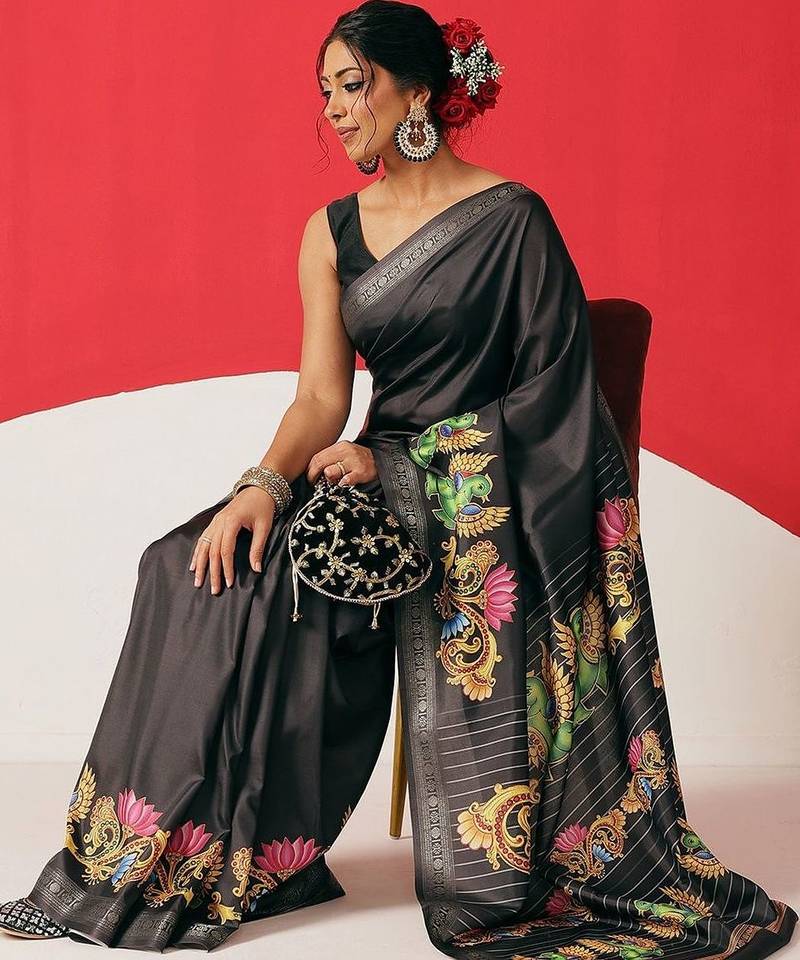 Black printed art silk ethnic saree with blouse piece